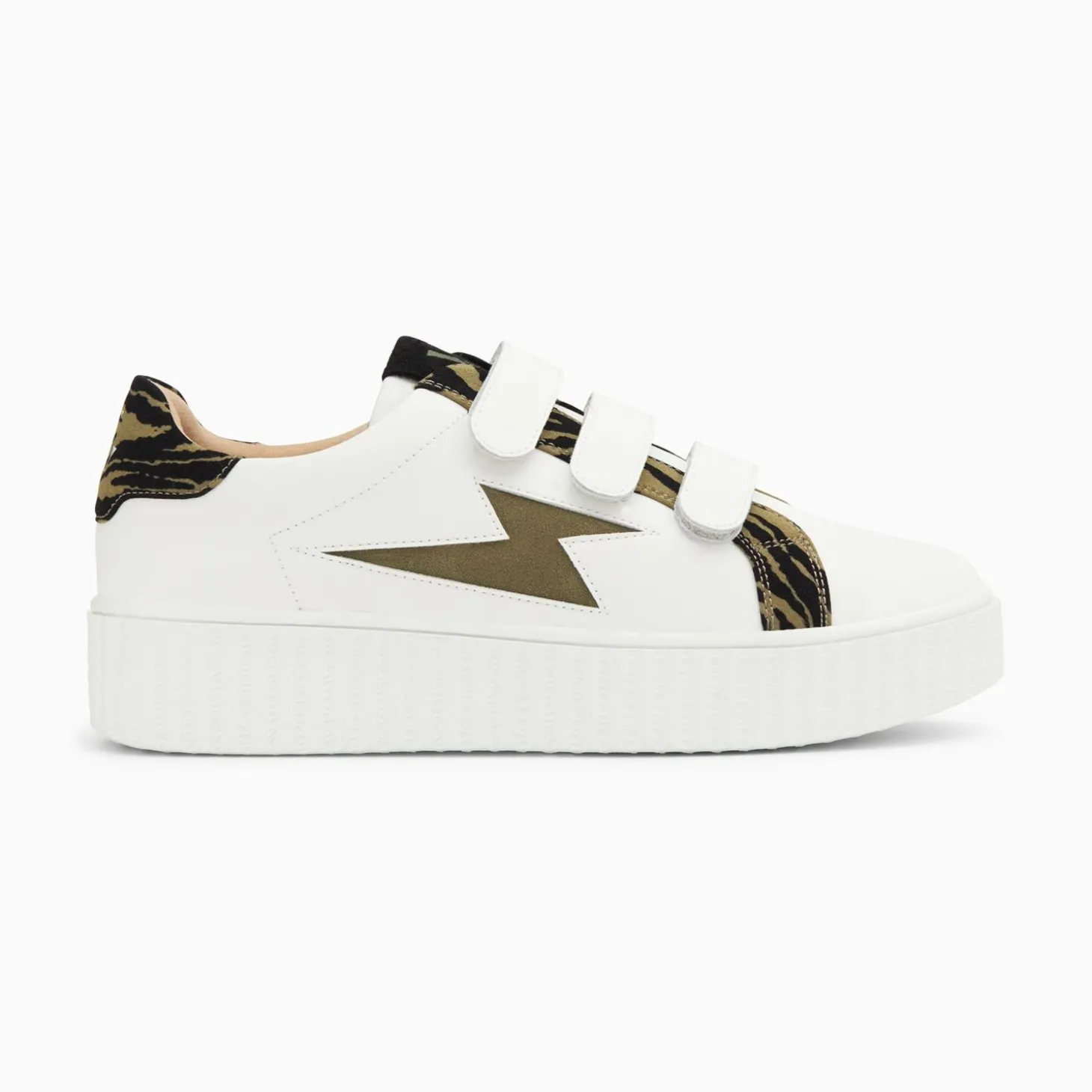Baskets Eclair Ingrid Blanc Et Kaki Imprime Zebre A Scratchs