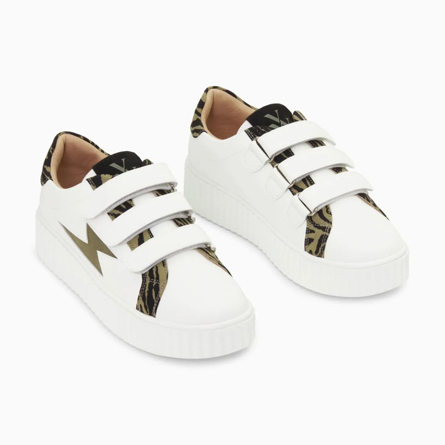 Baskets Eclair Ingrid Blanc Et Kaki Imprime Zebre A Scratchs