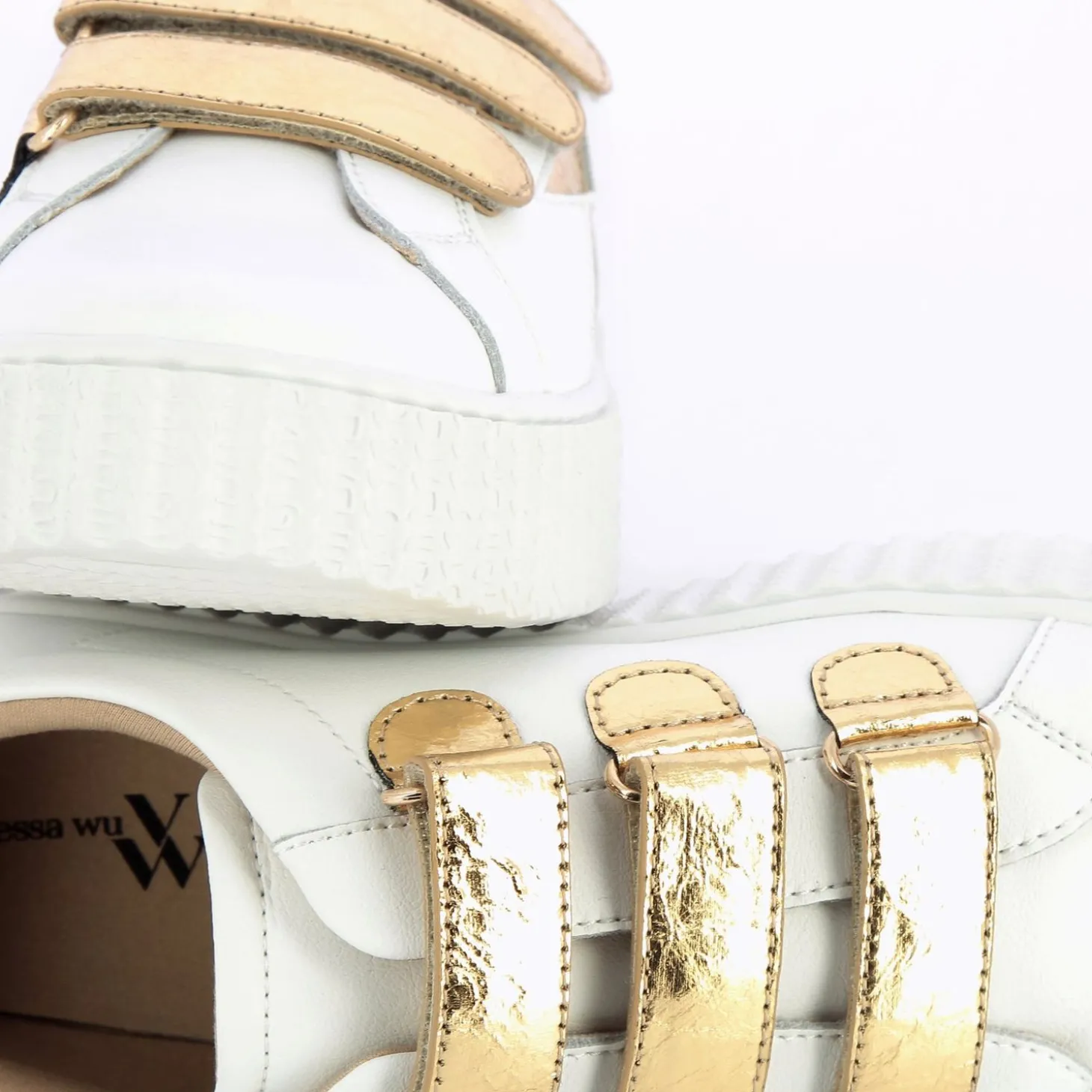 Baskets Eclair Jane Blanches En Cuir A Scratchs Or