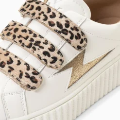 Baskets Eclair Maggie-Jane Blanc Et Or En Cuir A Scratchs Leopard