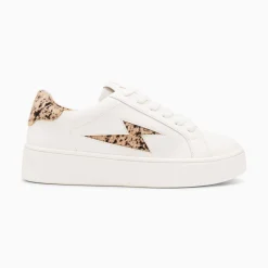 Baskets Eclair Tiff Blanc Et Beige Imprime Guepard A Lacets