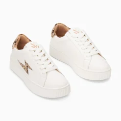 Baskets Eclair Tiff Blanc Et Beige Imprime Guepard A Lacets