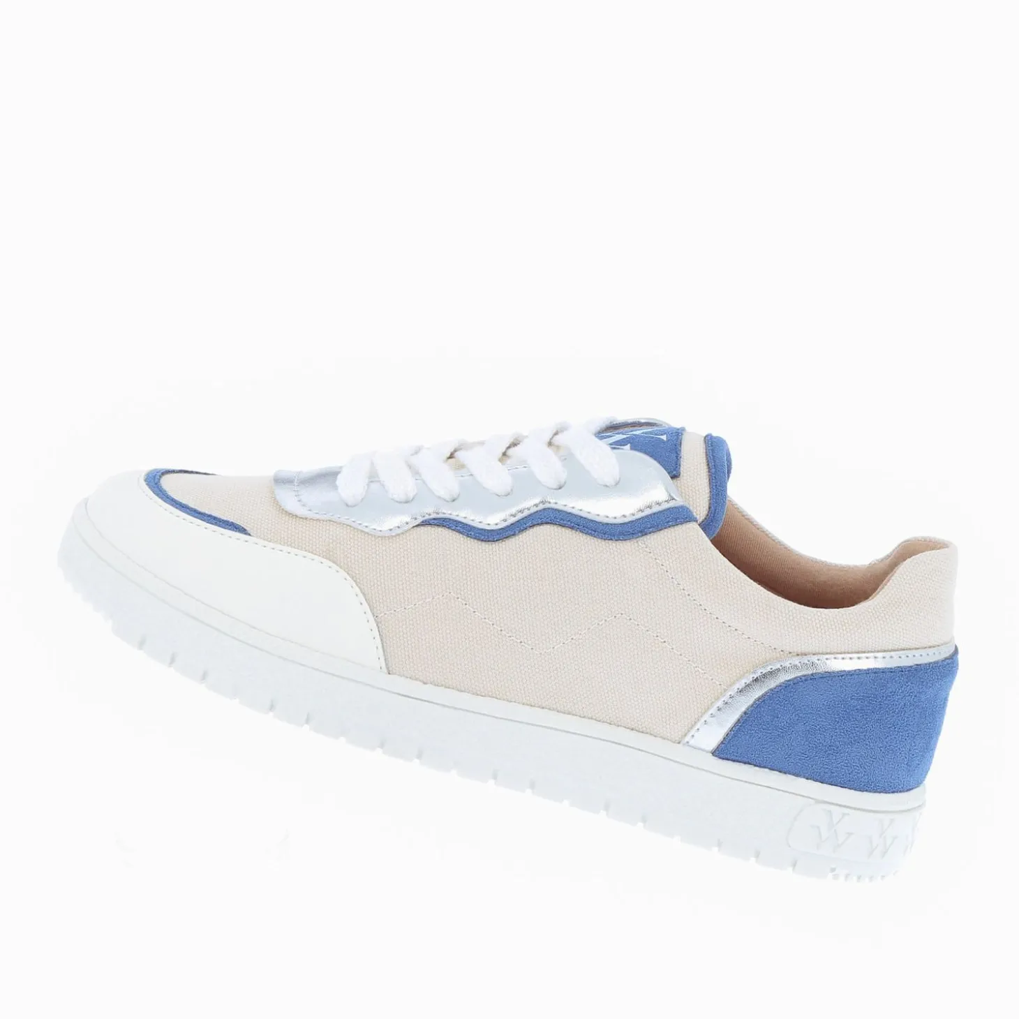 Baskets Enora En Toile Beige A Details Bleu Et Argent