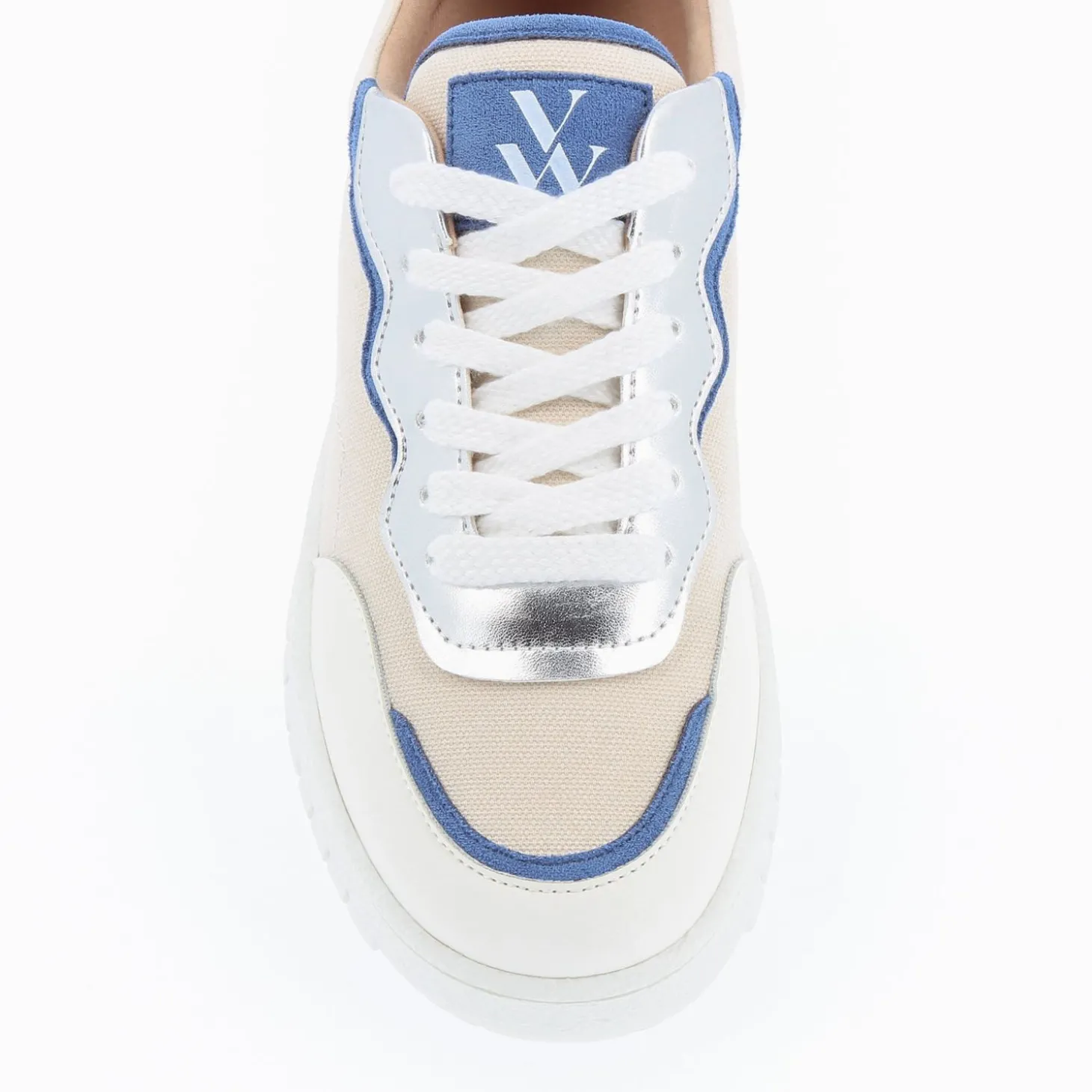 Baskets Enora En Toile Beige A Details Bleu Et Argent