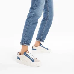Baskets Fara Cotelees Beige Et Bleu A Lacets
