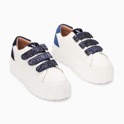 Baskets Monica Blanc Et Bleu Marine A Scratchs Glitter Et Plateforme