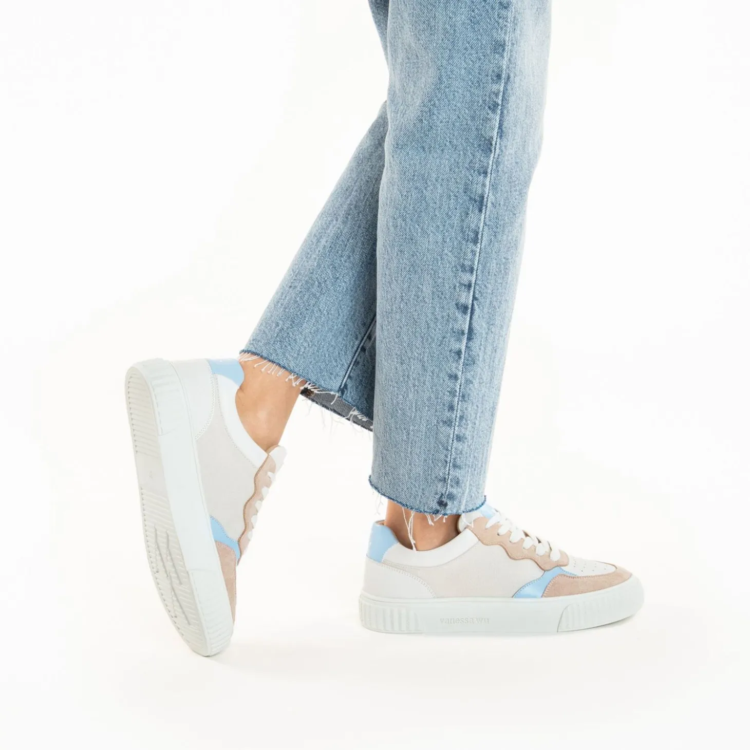 Baskets Sara En Toile Beige A Details Bleu Clair