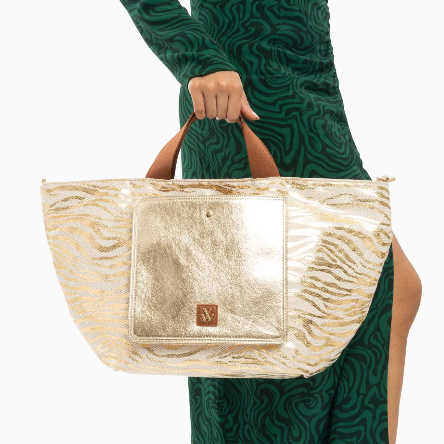 Cabas Roxanna Or Imprime Zebre A Pochette