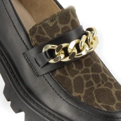Mocassins Simone Noir Et Kaki A Semelle Crantee