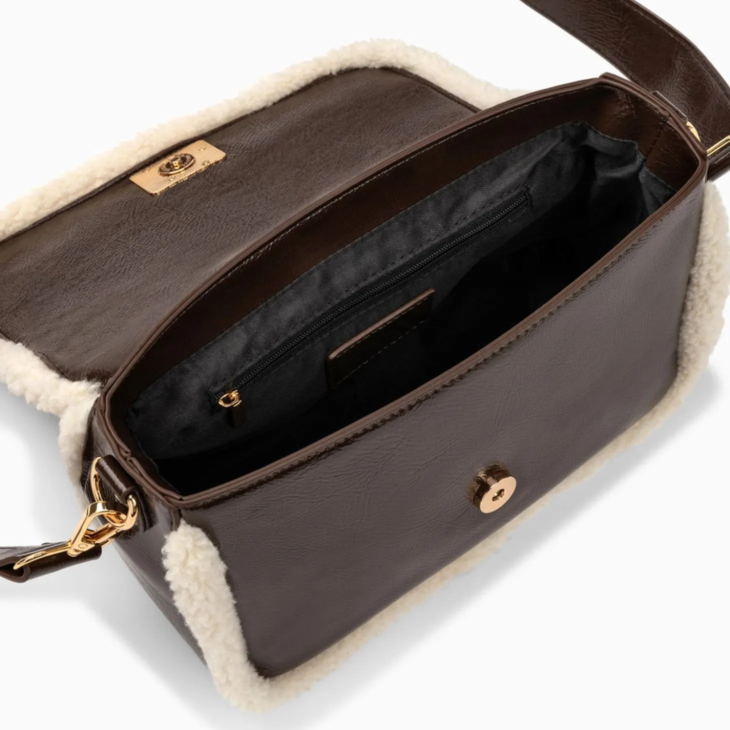 Sac Bandouliere Bertina Marron A Rabat Et Faux Shearling