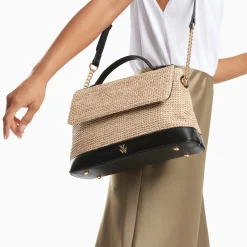 Sac Cartable Lisa En Raphia Beige A Details Noirs