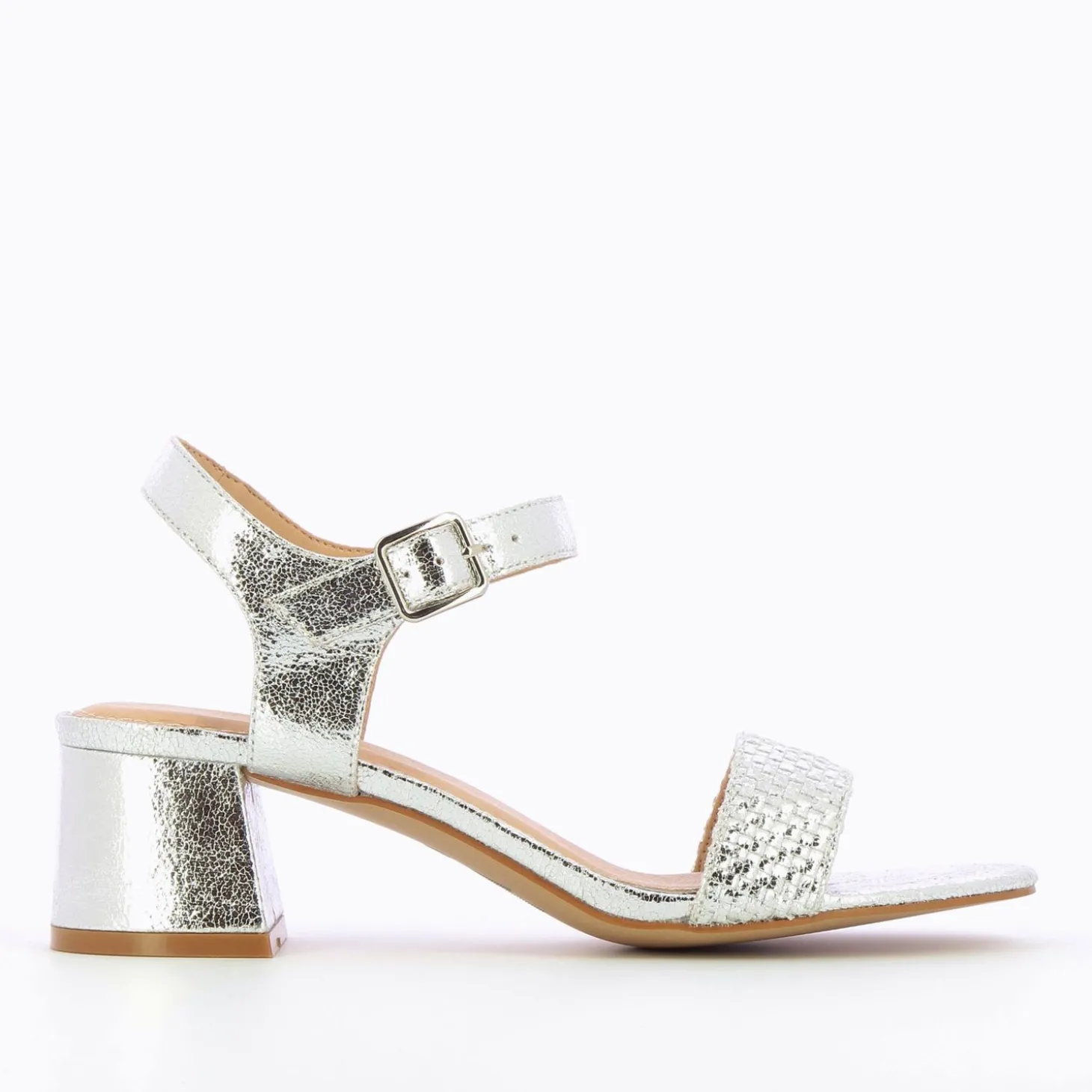 Sandales Benedicte Argent A Talon Bloc Et Bride Tressee
