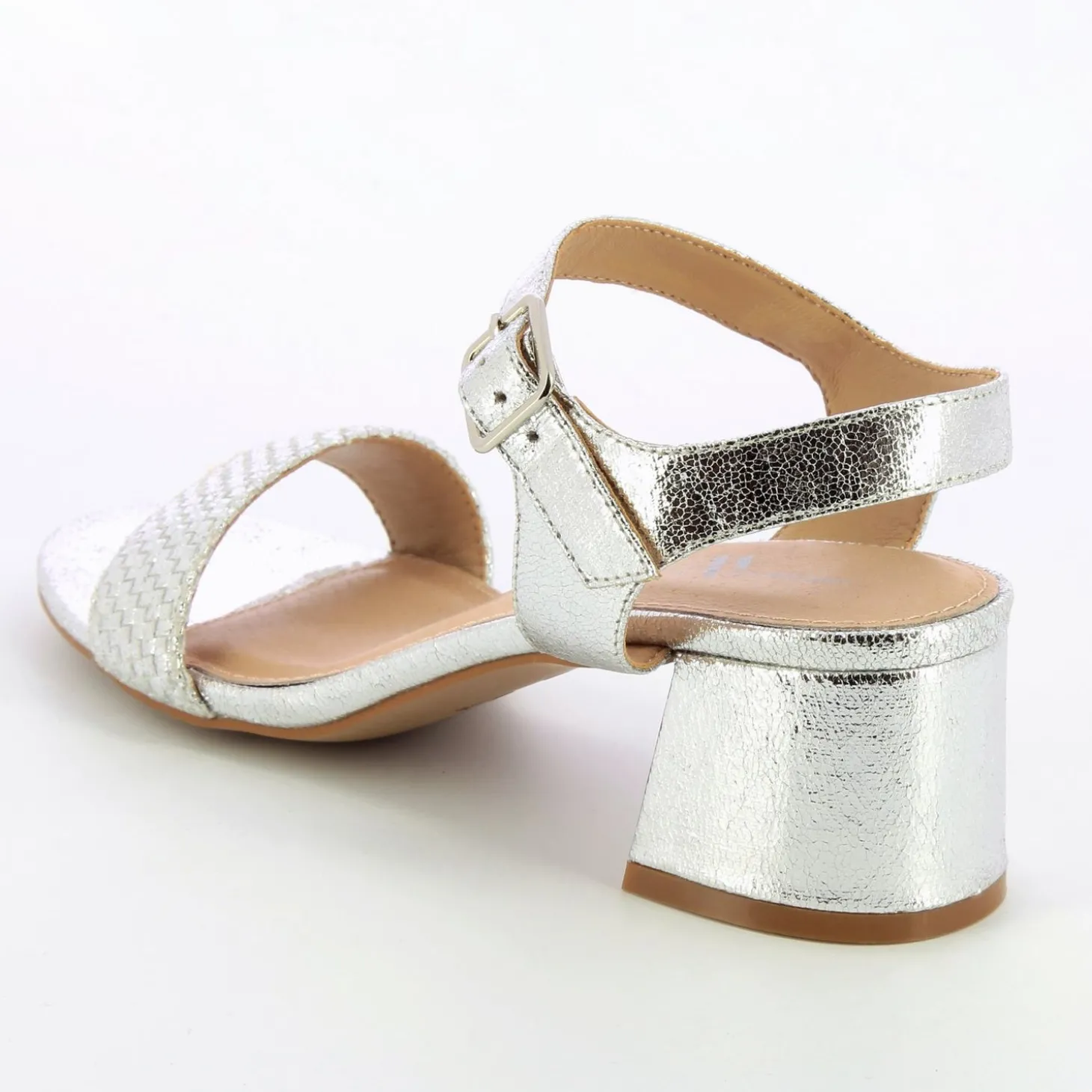 Sandales Benedicte Argent A Talon Bloc Et Bride Tressee
