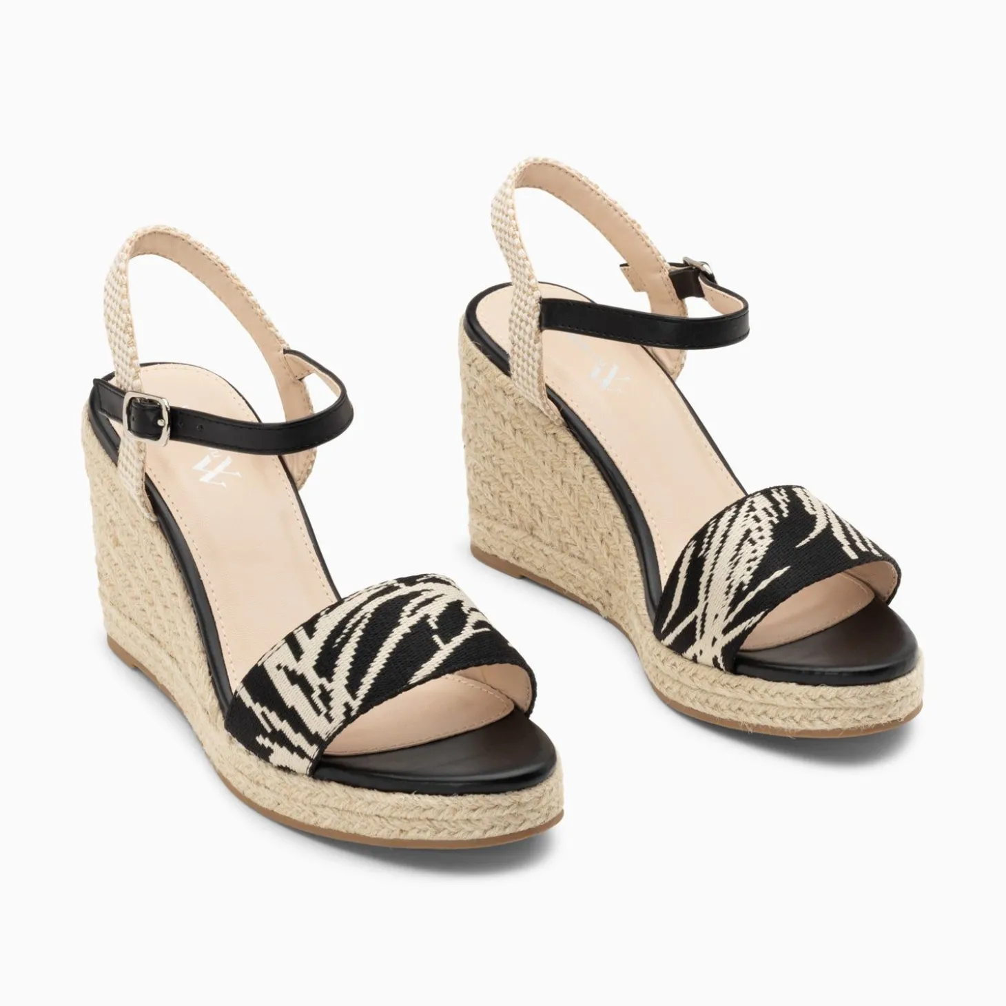 Sandales Compensees Honorine Noires En Tissu Jacquard