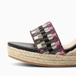 Sandales Compensees Honorine Noir Et Rose En Tissu Jacquard