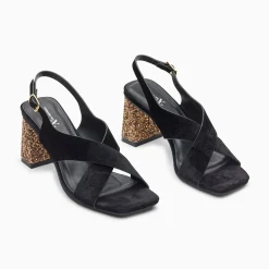 Sandales Milan Noires A Brides Croisees Et Talon Bronze Paillete