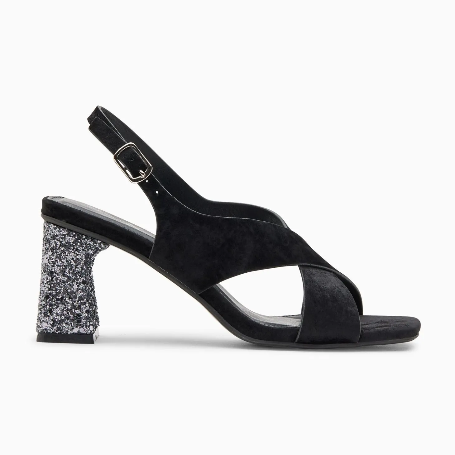 Sandales Milan Noires A Brides Croisees Et Talon Argent Paillete